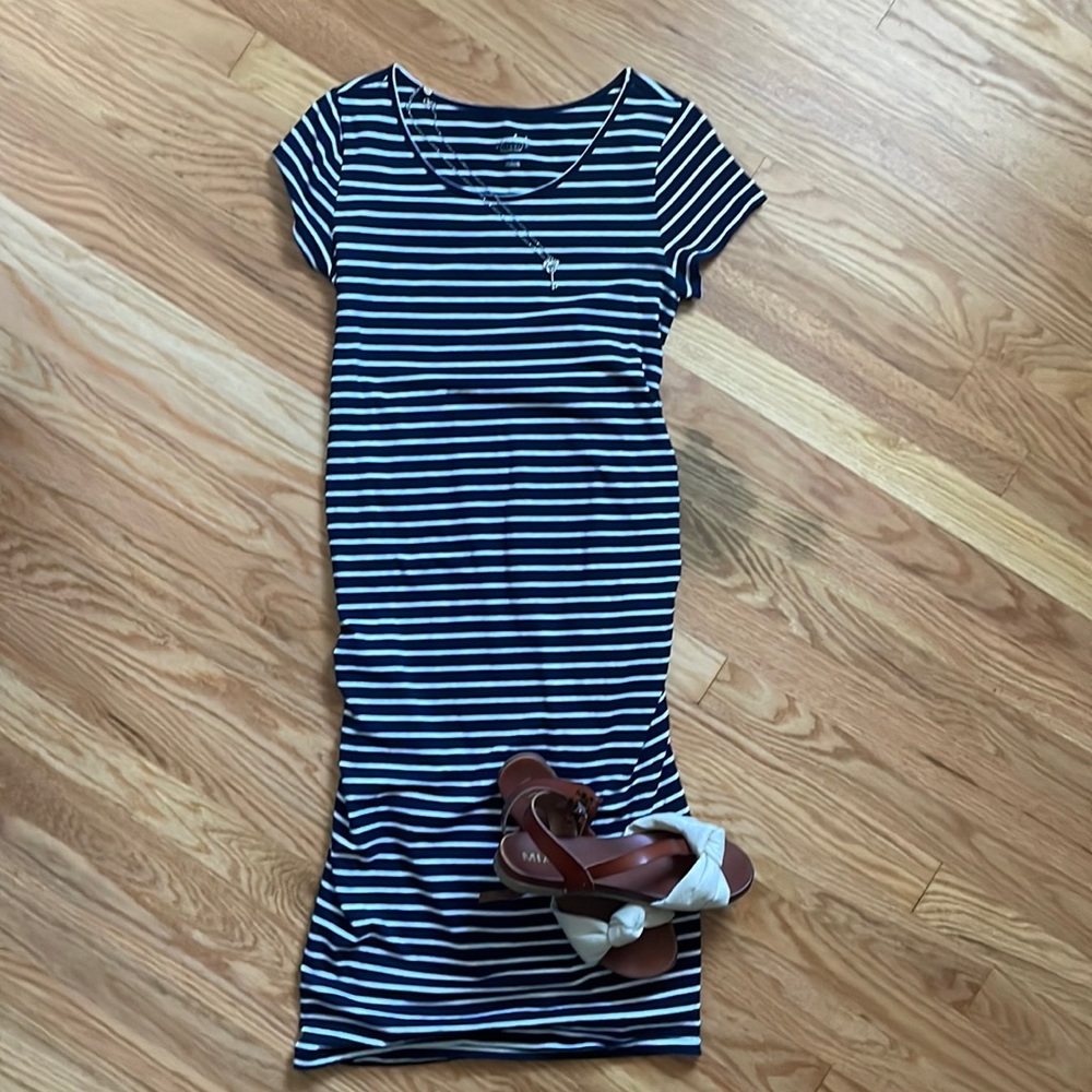 LAST CHANCE! 🎈ISABEL Navy Blue w White Stripes Mid-Calf Maternity Dress Size S